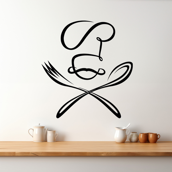 Sticker mural d'un chef sur une cuillère et une fourchette.