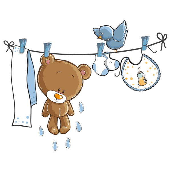 Stickers pour enfants: Petit ours et petit oiseau sur la corde à linge