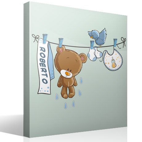 Stickers pour enfants: Ours sur la corde à linge bleu avec nom