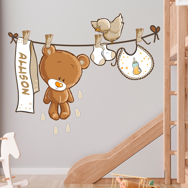 Stickers pour enfants: Ours sur la corde à linge neutre avec nom