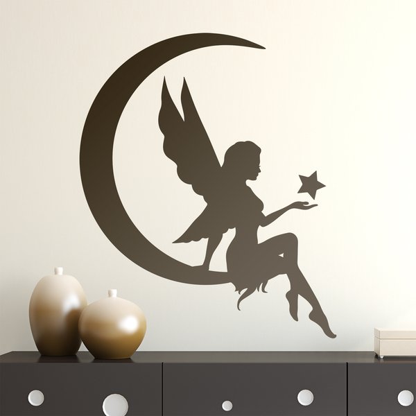 Sticker mural enfant Fée sur la lune avec étoile