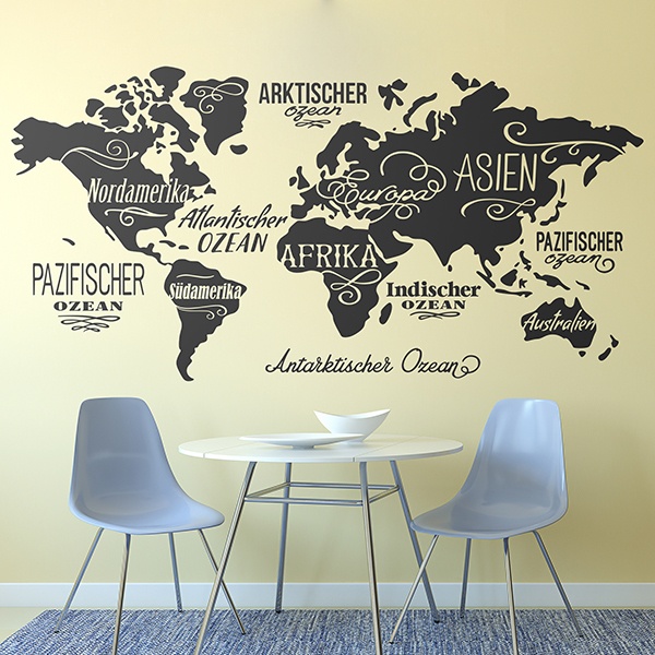 Stickers map monde Océans et Continents en allemand