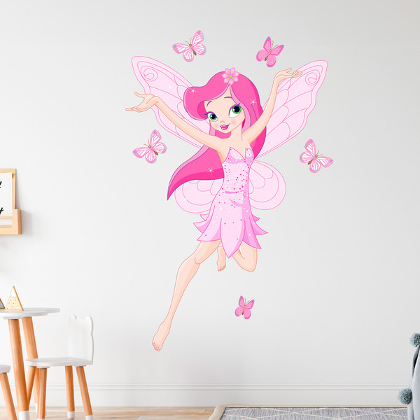 Sticker mural enfant Fée Rose et papillons
