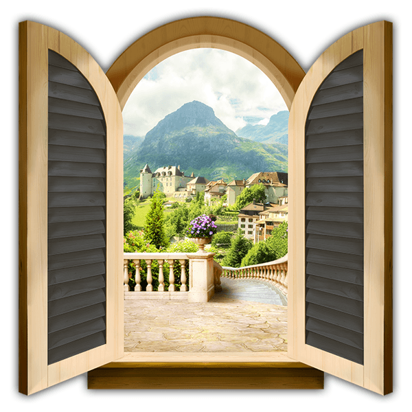 Stickers muraux: Fenêtre Auberge dans les montagnes