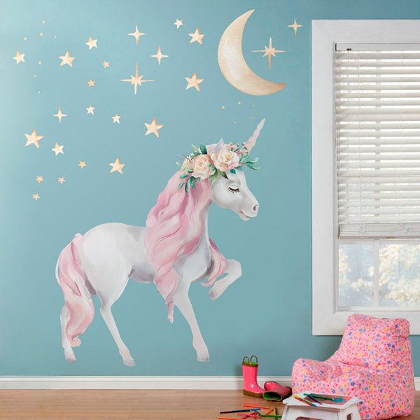 Sticker mural licorne avec des étoiles