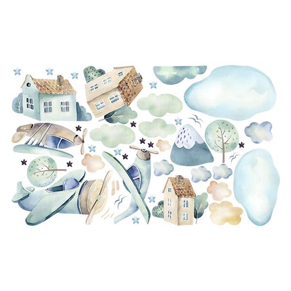 Stickers pour enfants: Avions, nuages et maisons