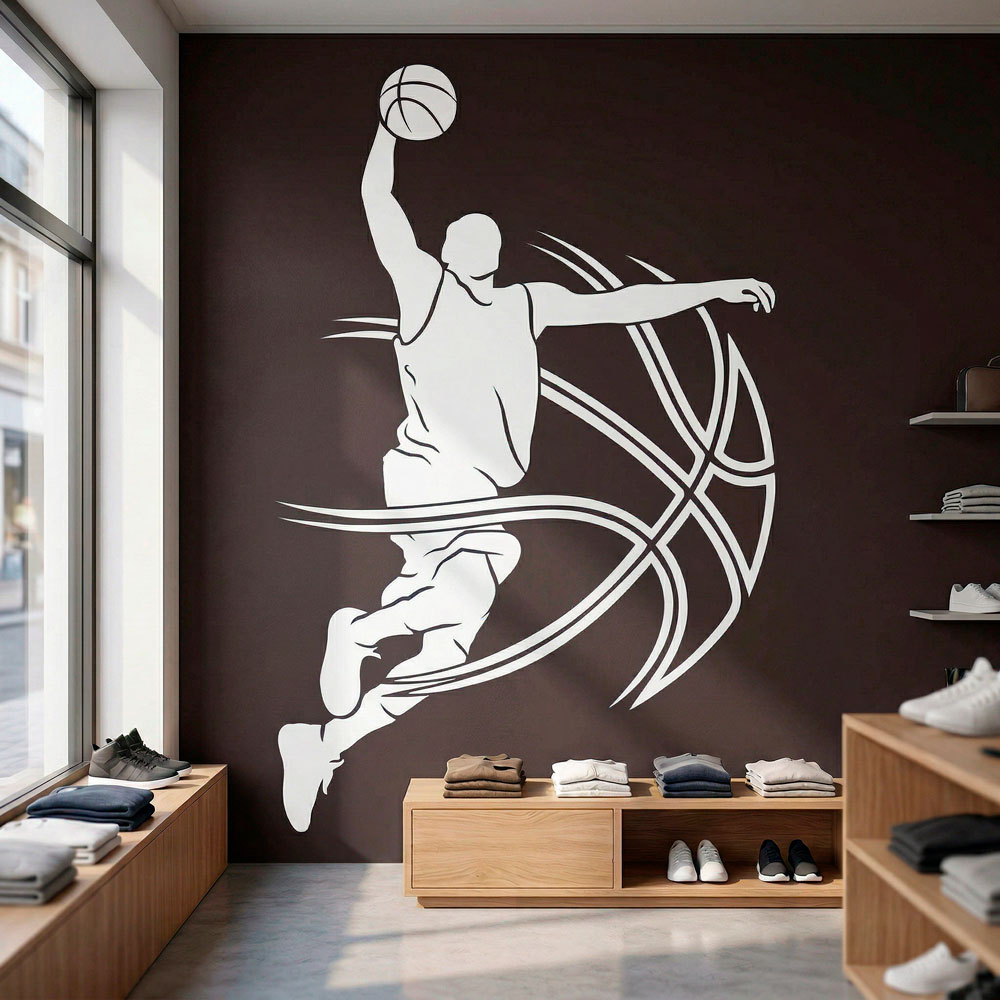 Autocollant Mural Basket-ball 86,4x89 Cm - Vinyle Noir, Décoration Chambre Garçon, Salon, Cuisine