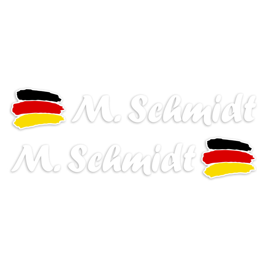 Autocollants: 2X drapeaux Allemagne + nom calligraphique blanc