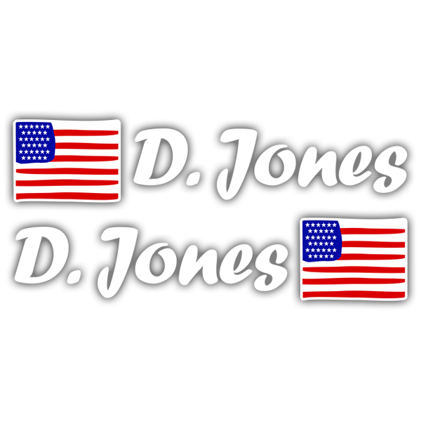 Autocollants: 2X drapeaux des USA + nom calligraphique blanc