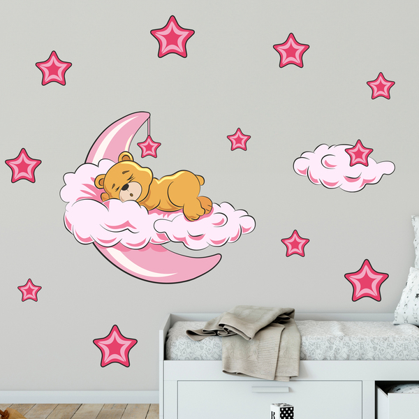 Stickers pour enfants: Ours dans les nuages et la lune rose