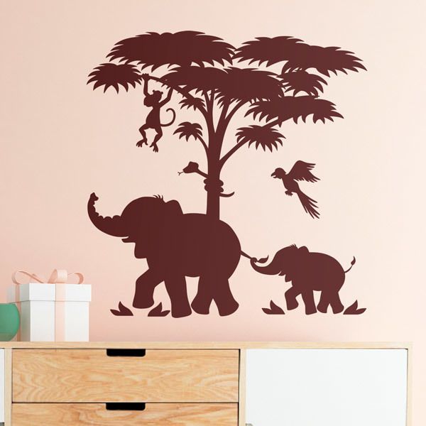 Sticker géant pour enfant - arbre, singes et éléphant - stickers animaux  enfant & stickers enfant 