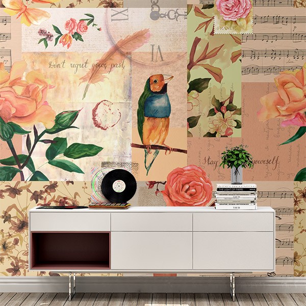 Poster xxl: Collage oiseau et fleurs 0
