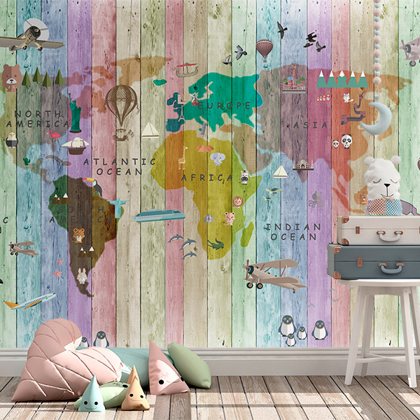 Poster xxl: Carte du monde pour enfants en palettes colorées