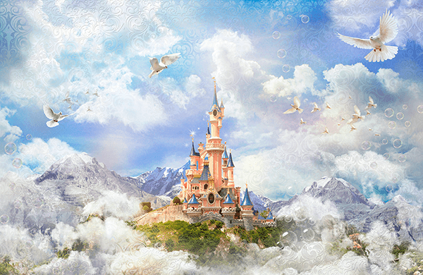 Poster xxl: Château de Disney entre brouillard et montagnes