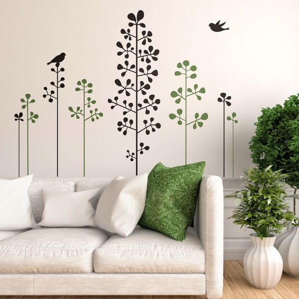 Sticker mural Floral Arbustes et oiseaux