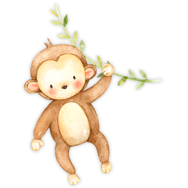 Stickers pour enfants: Singe avec branche en aquarelle