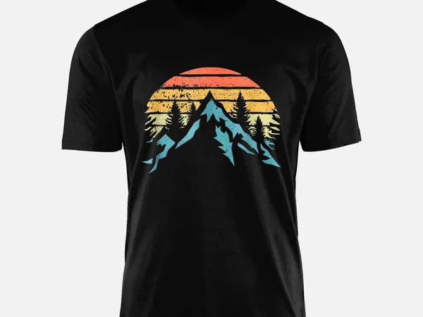 T-shirt noir montagne et coucher de soleil rétro