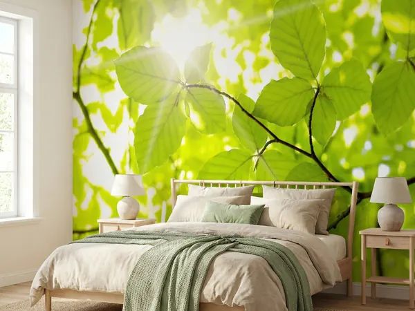 Poster XXL feuilles vertes à contre-jour dans une chambre