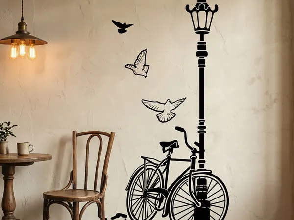 Sticker mural vélo, lampadaire et colombes sur un mur