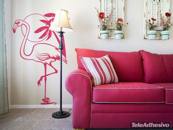 Stickers muraux: Oiseau Flamingo, soleil et palmiers