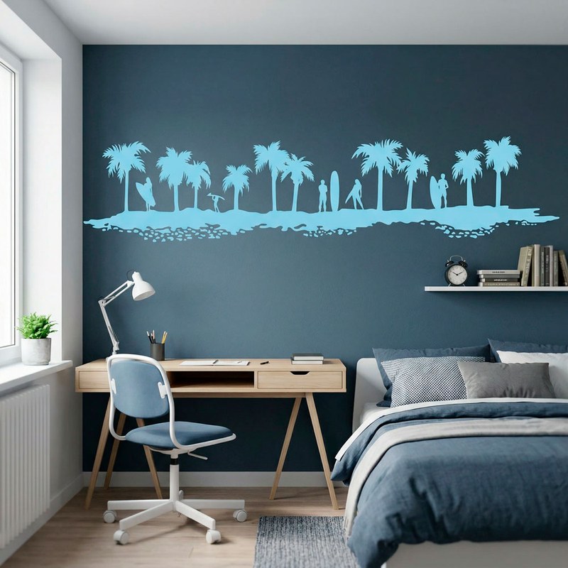 Plage de palmiers avec surfeurs 4