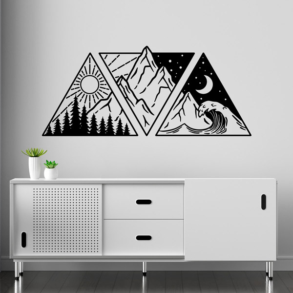 Stickers muraux: Montagne et plage avec soleil et lune