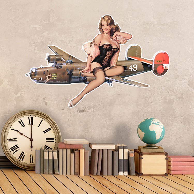 Stickers muraux: Sticker décoratif pin-up avec avion bombardier vin