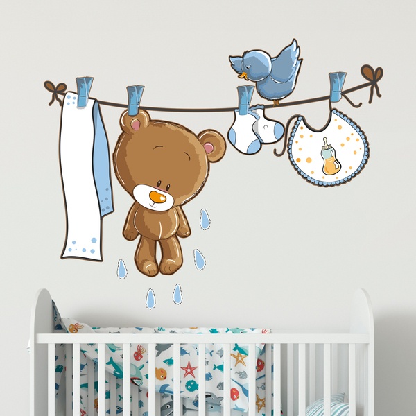 Stickers pour enfants: Petit ours et petit oiseau sur la corde à linge