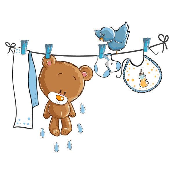 Stickers pour enfants: Petit ours et petit oiseau sur la corde à linge