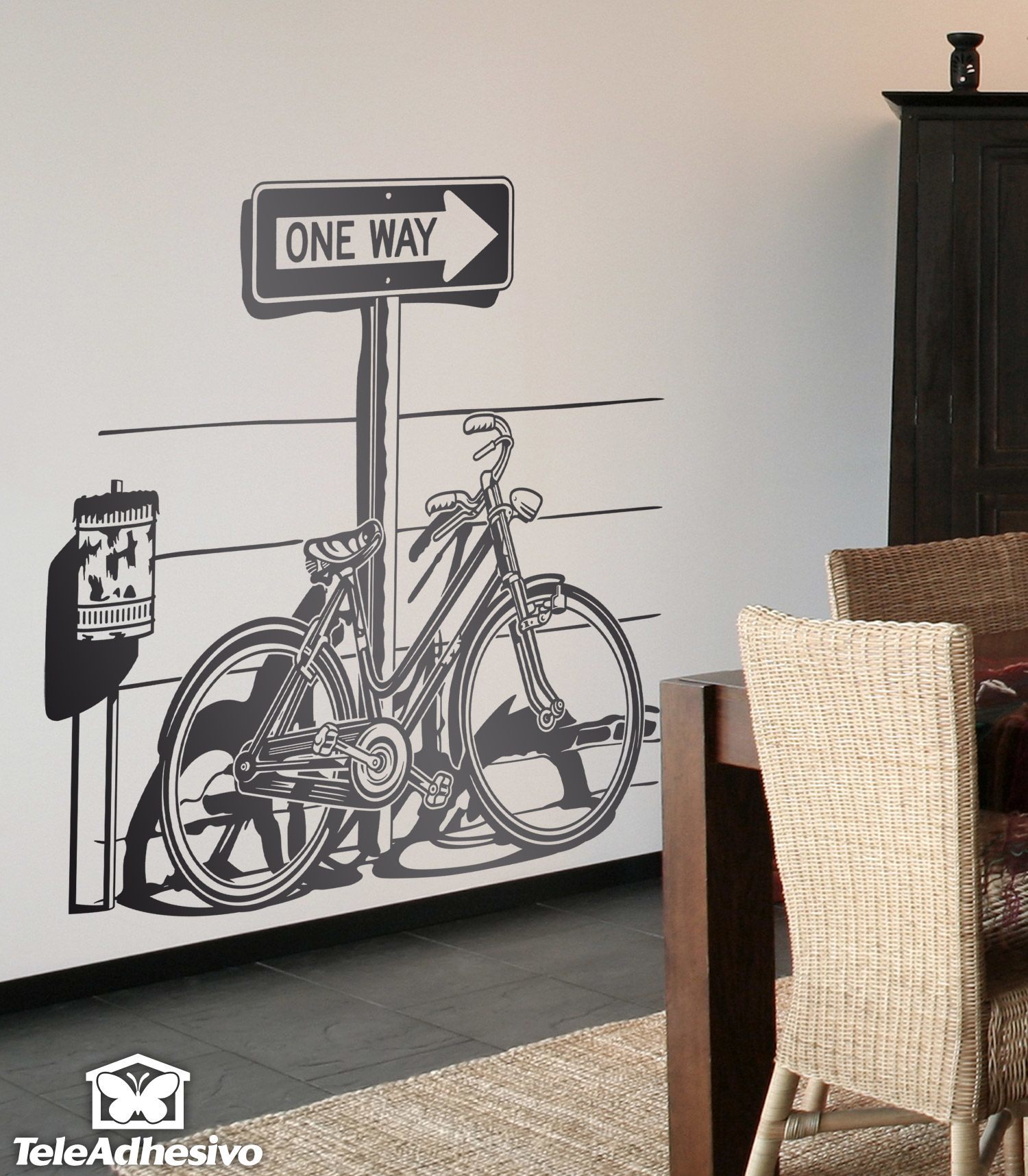 Stickers muraux: Vélo vintage sur panneau de signalisation One Way