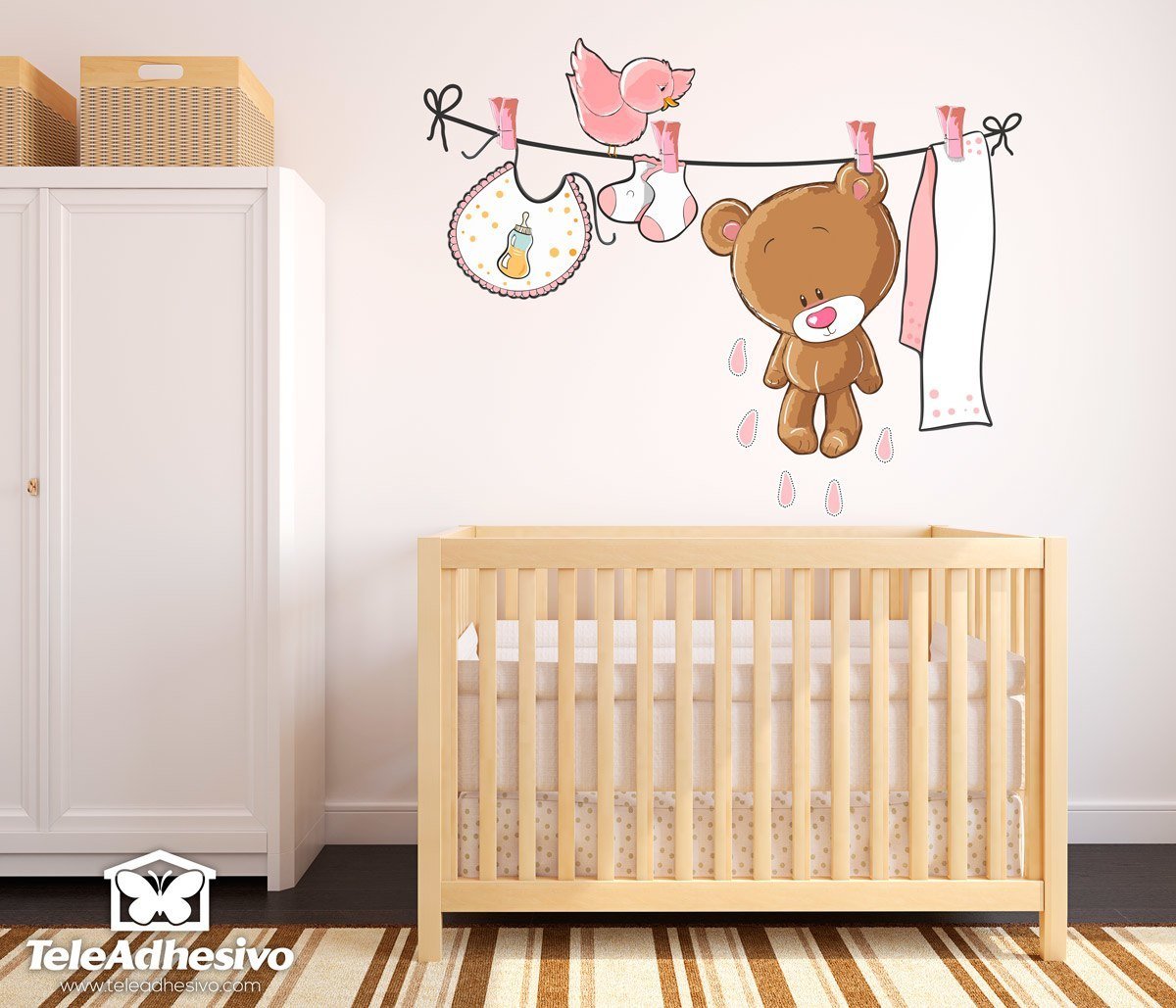 Stickers pour enfants: Bear sur la corde à linge rose