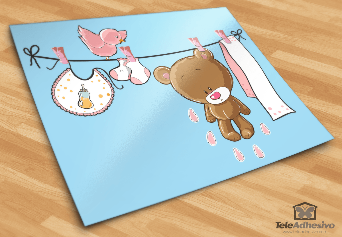 Stickers pour enfants: Bear sur la corde à linge rose