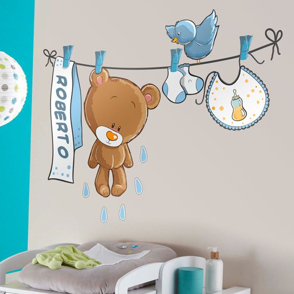 Stickers pour enfants: Ours sur la corde à linge bleu avec nom