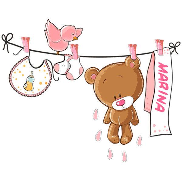 Stickers pour enfants: Custom bear on the clothesline rose