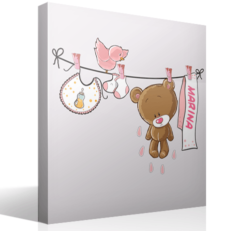 Stickers pour enfants: Custom bear on the clothesline rose
