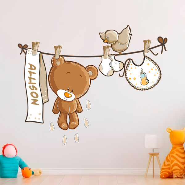 Stickers pour enfants: Ours sur la corde à linge neutre avec nom