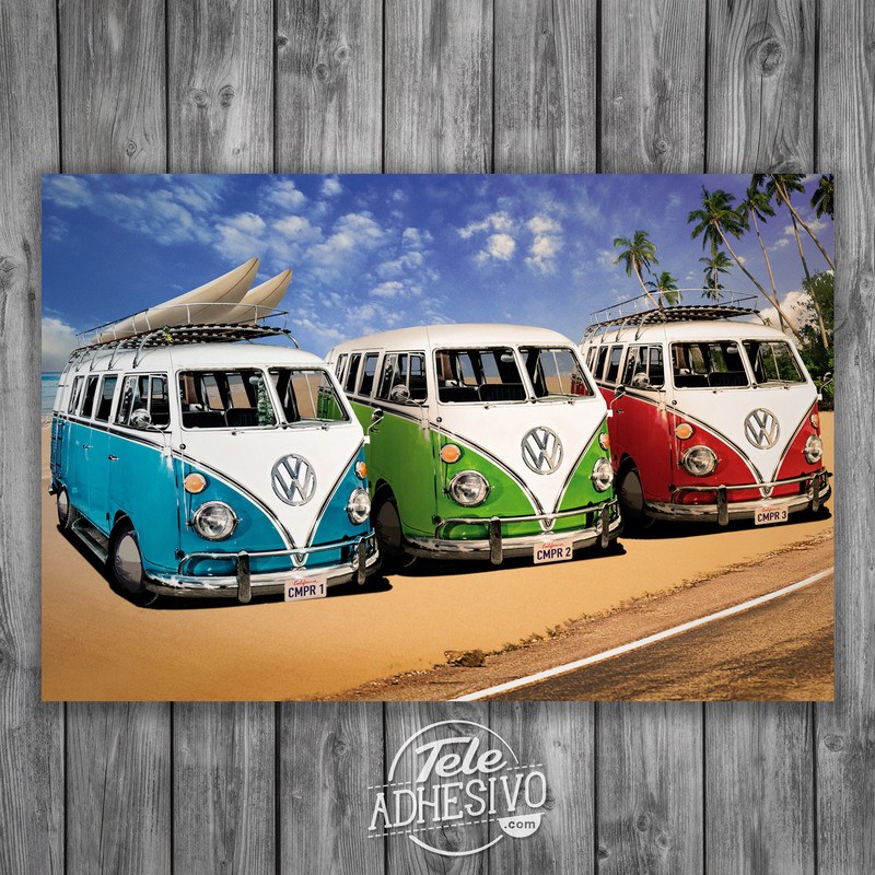 Stickers muraux: 3 camionnettes Volkswagen Hippie
