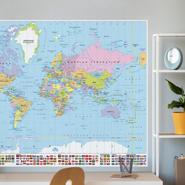 Stickers muraux: Poster adhésif Carte du monde avec drapeaux