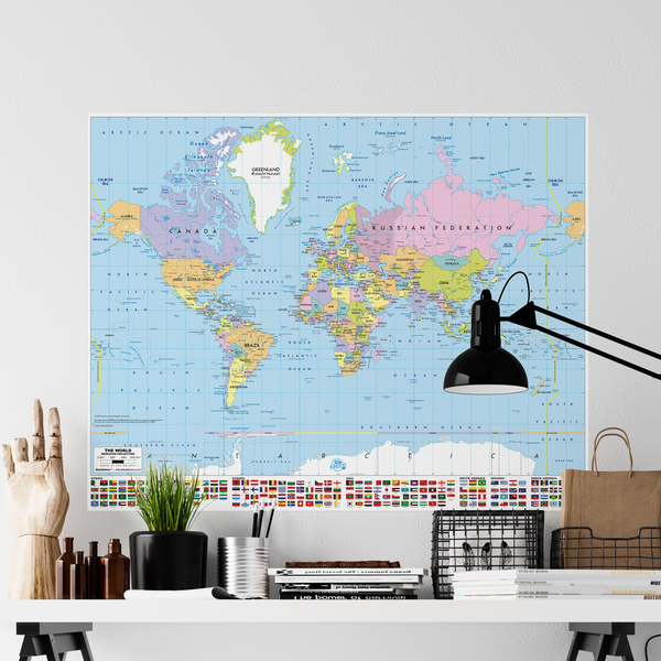 Stickers muraux: Poster adhésif Carte du monde avec drapeaux