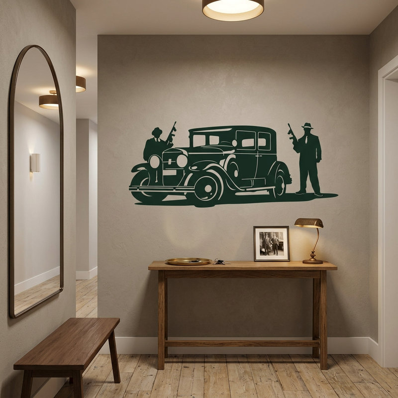 Stickers muraux: Les gangsters Al Capone et la Cadillac blind&eacute;e
