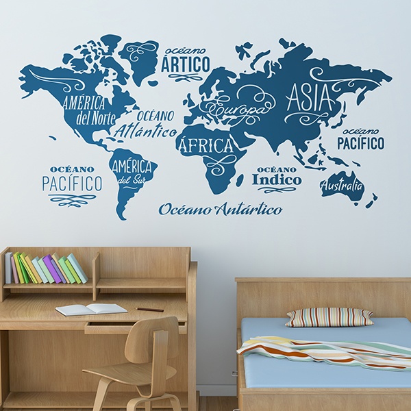 Stickers muraux: Carte Mundi Océans et Continents en espagnol