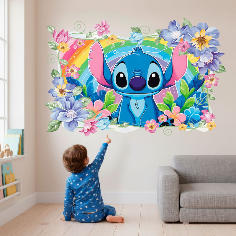Stickers pour enfants: Stitch arc-en-ciel floral
