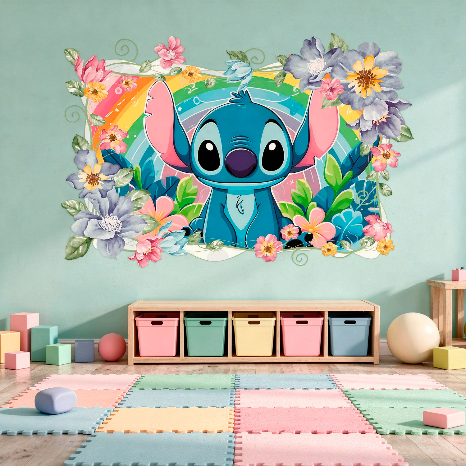Stickers pour enfants: Stitch arc-en-ciel floral