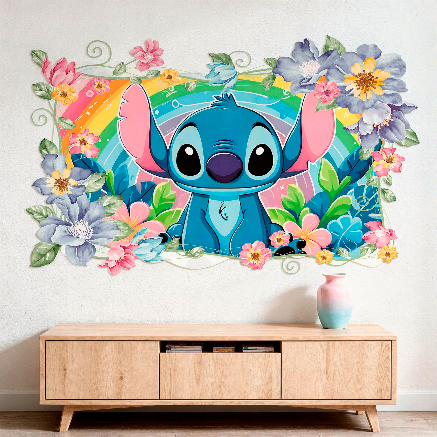 Stickers pour enfants: Stitch arc-en-ciel floral