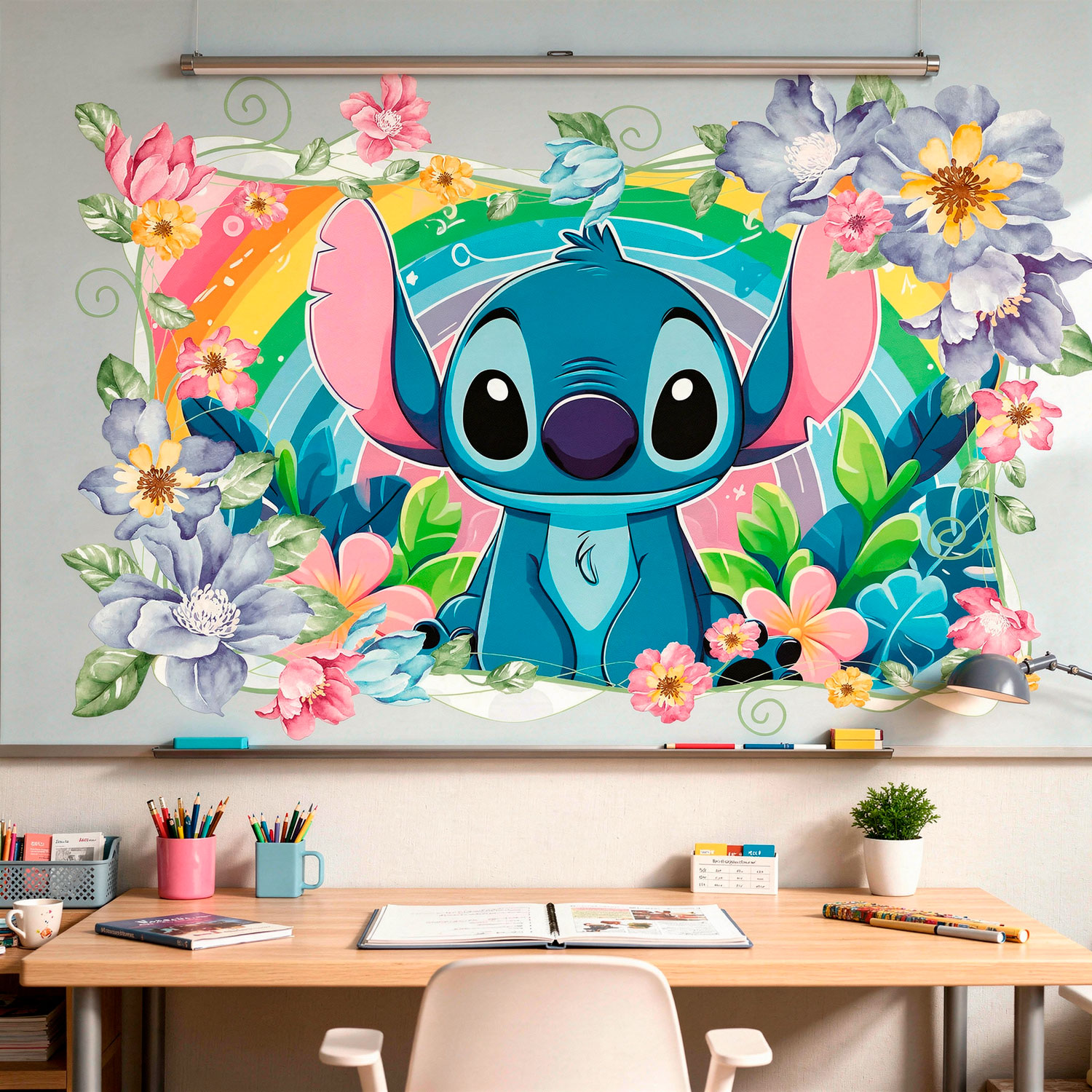 Stickers pour enfants: Stitch arc-en-ciel floral