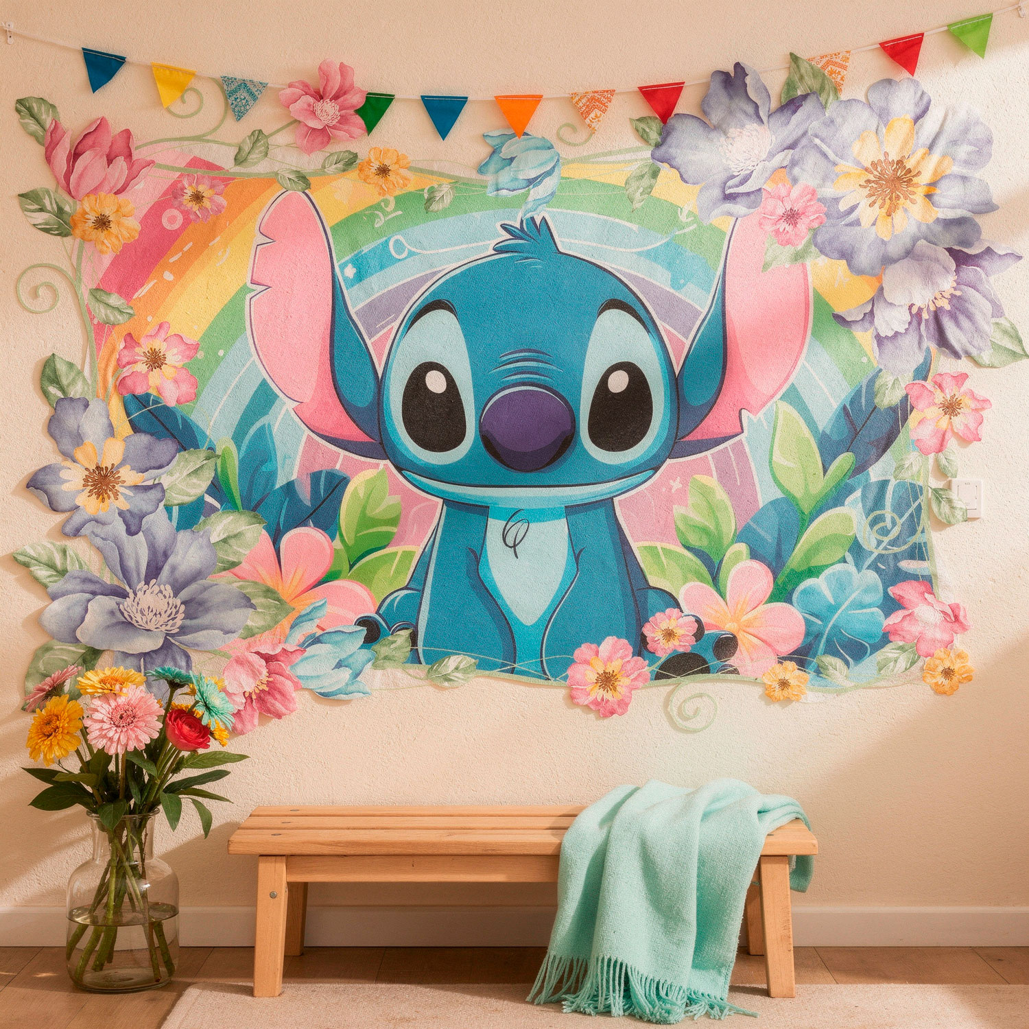 Stickers pour enfants: Stitch arc-en-ciel floral