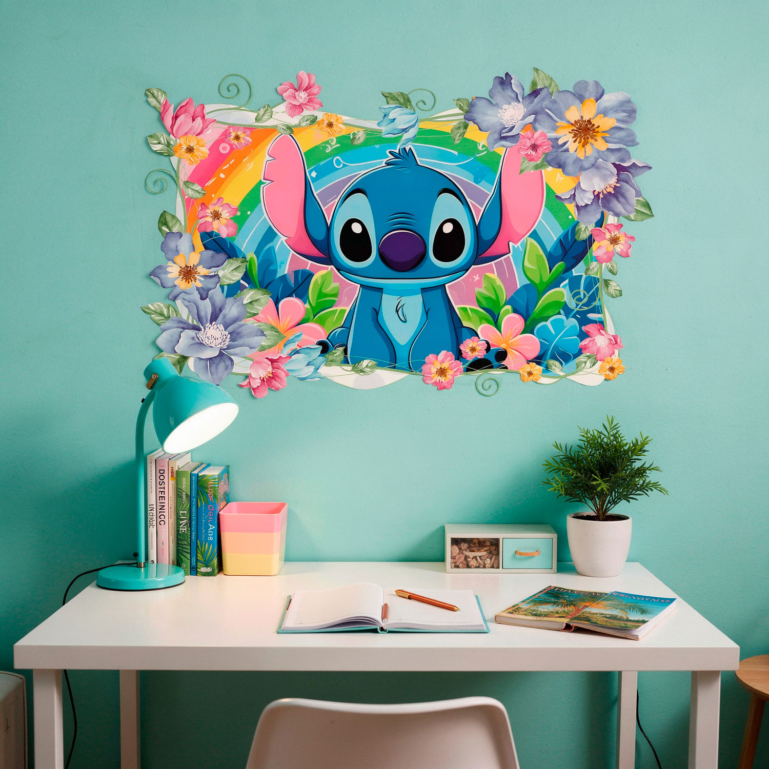 Stickers pour enfants: Stitch arc-en-ciel floral