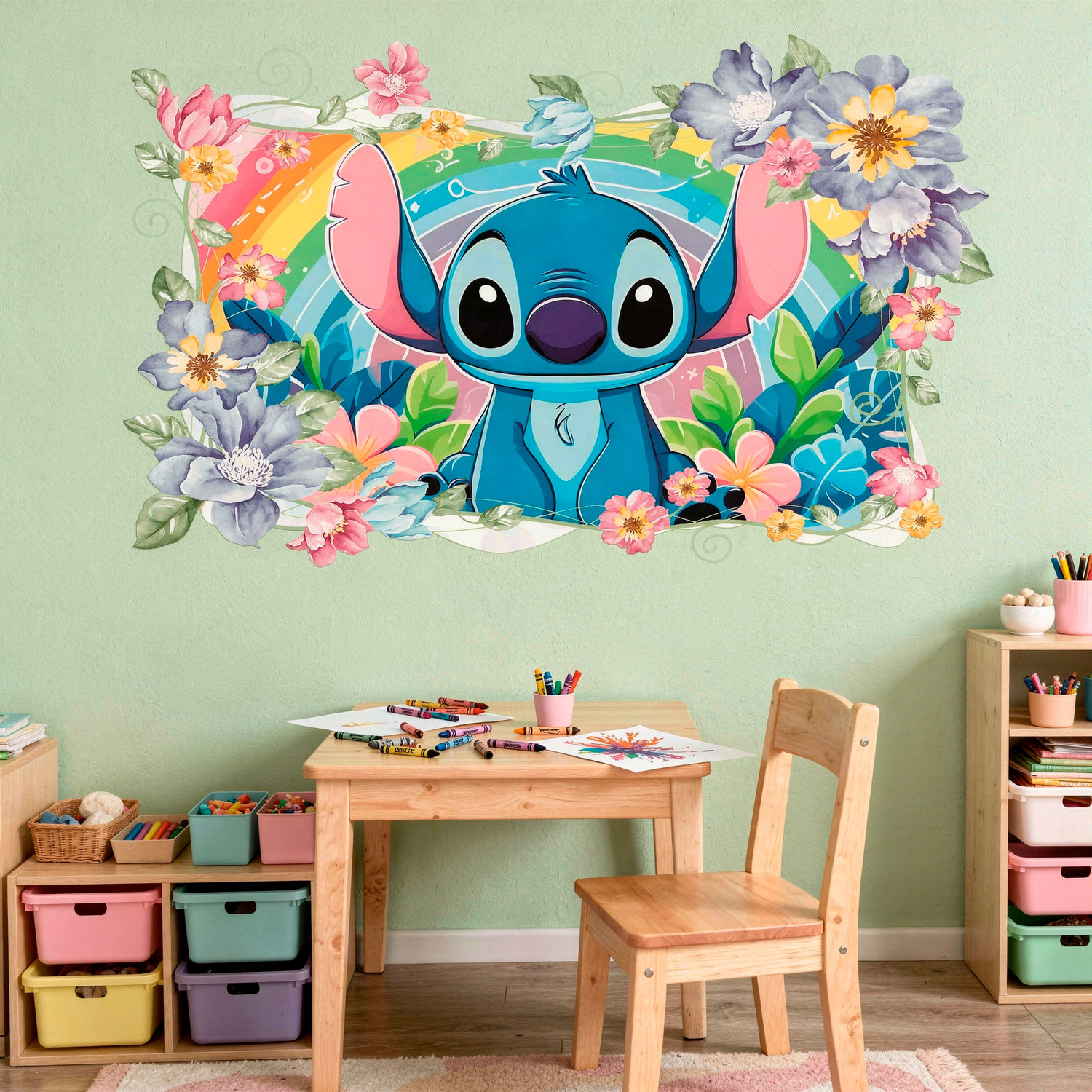 Stickers pour enfants: Stitch arc-en-ciel floral