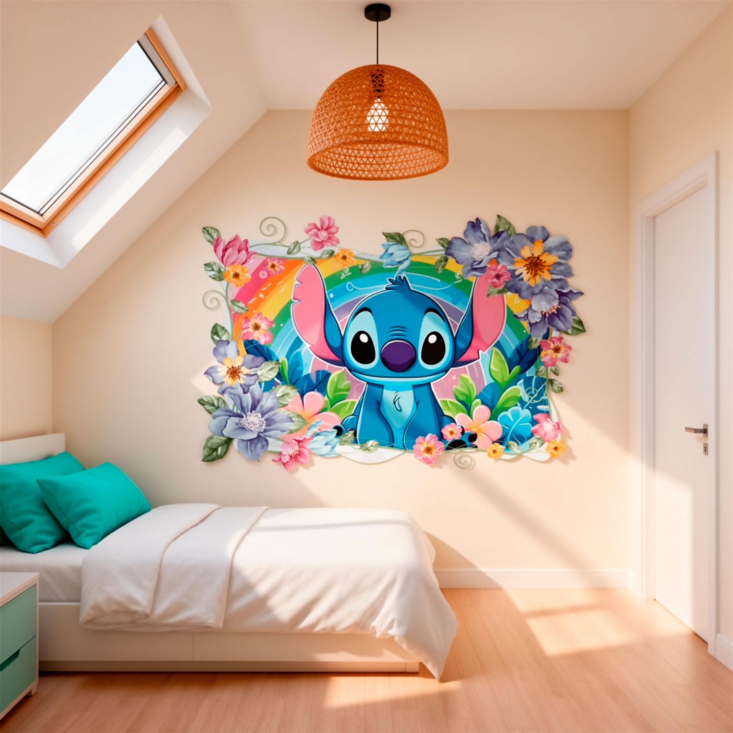 Stickers pour enfants: Stitch arc-en-ciel floral