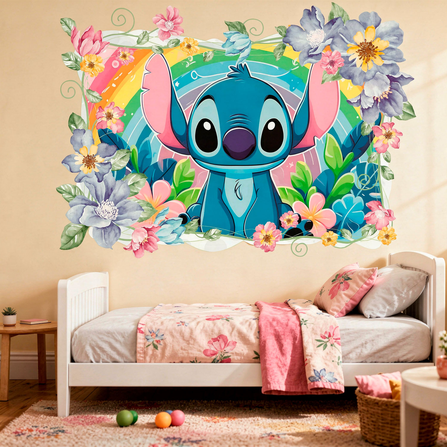 Stickers pour enfants: Stitch arc-en-ciel floral